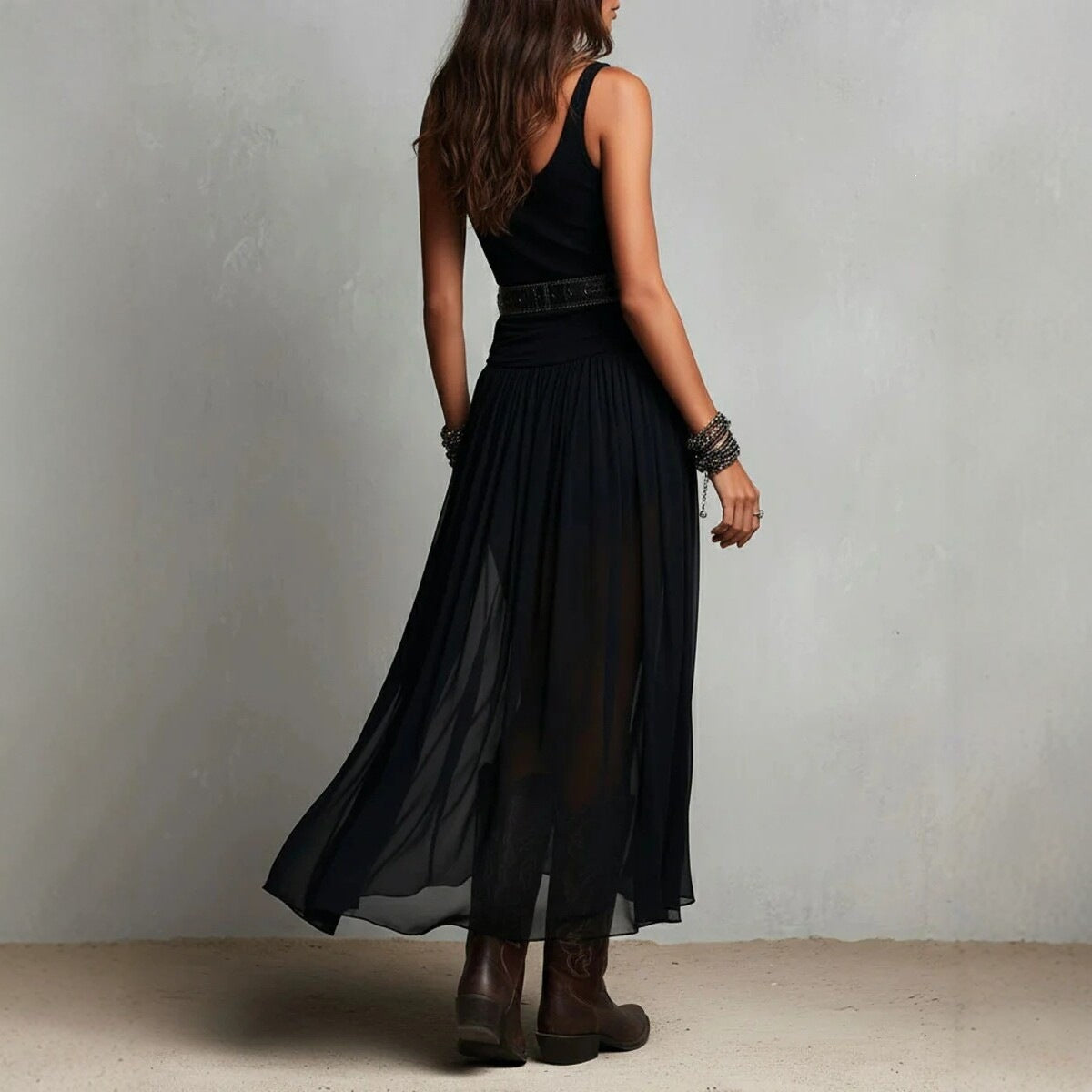 Black Pleated Strap Maxi Dress
