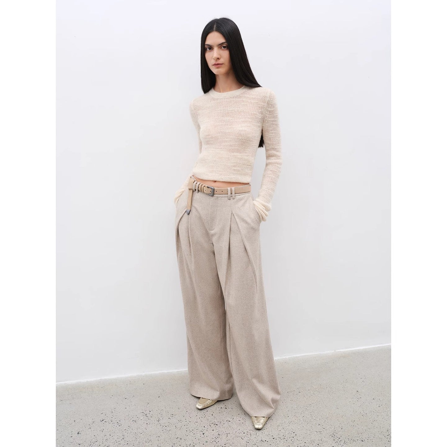 Casual and Relaxed Wool-Blend Double-Pleated Straight Draped Wide-Leg - front view | The BB's Box