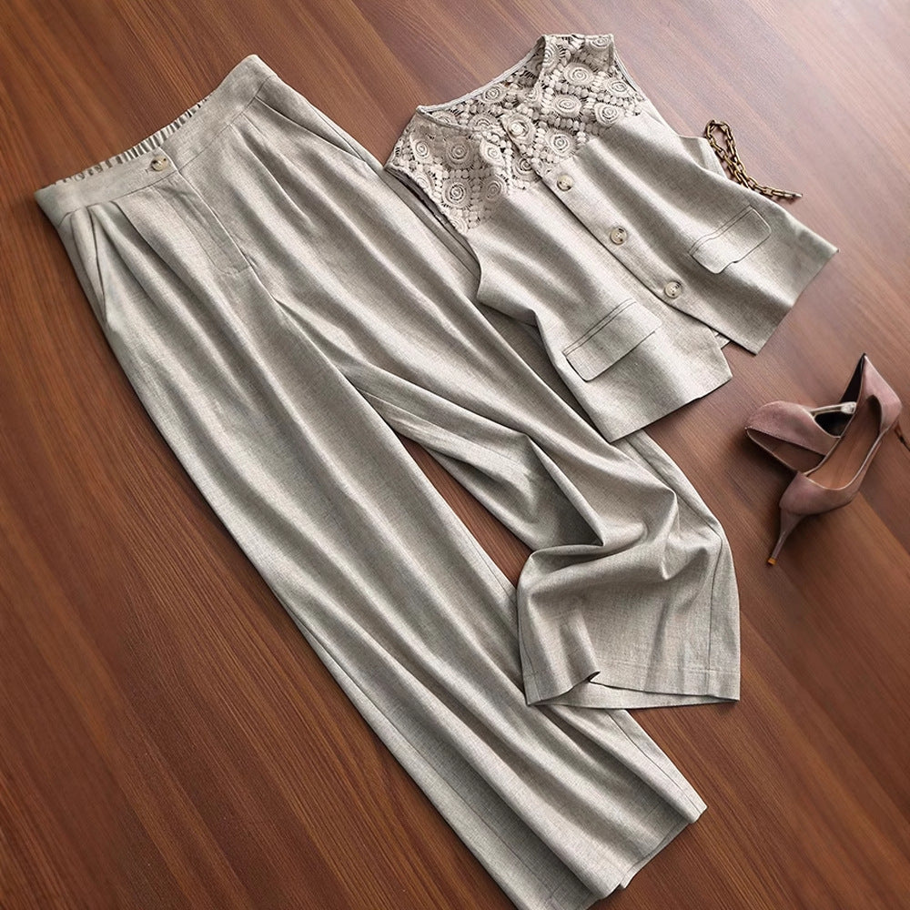 Linen lace vest and wide-leg pants set - view 2
