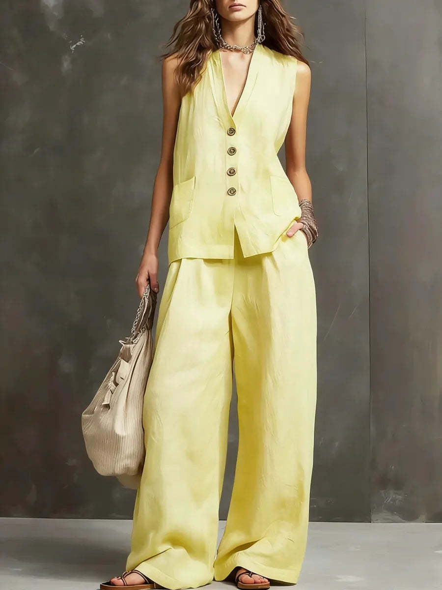 Cotton linen vest and wide-leg pants set - view 1