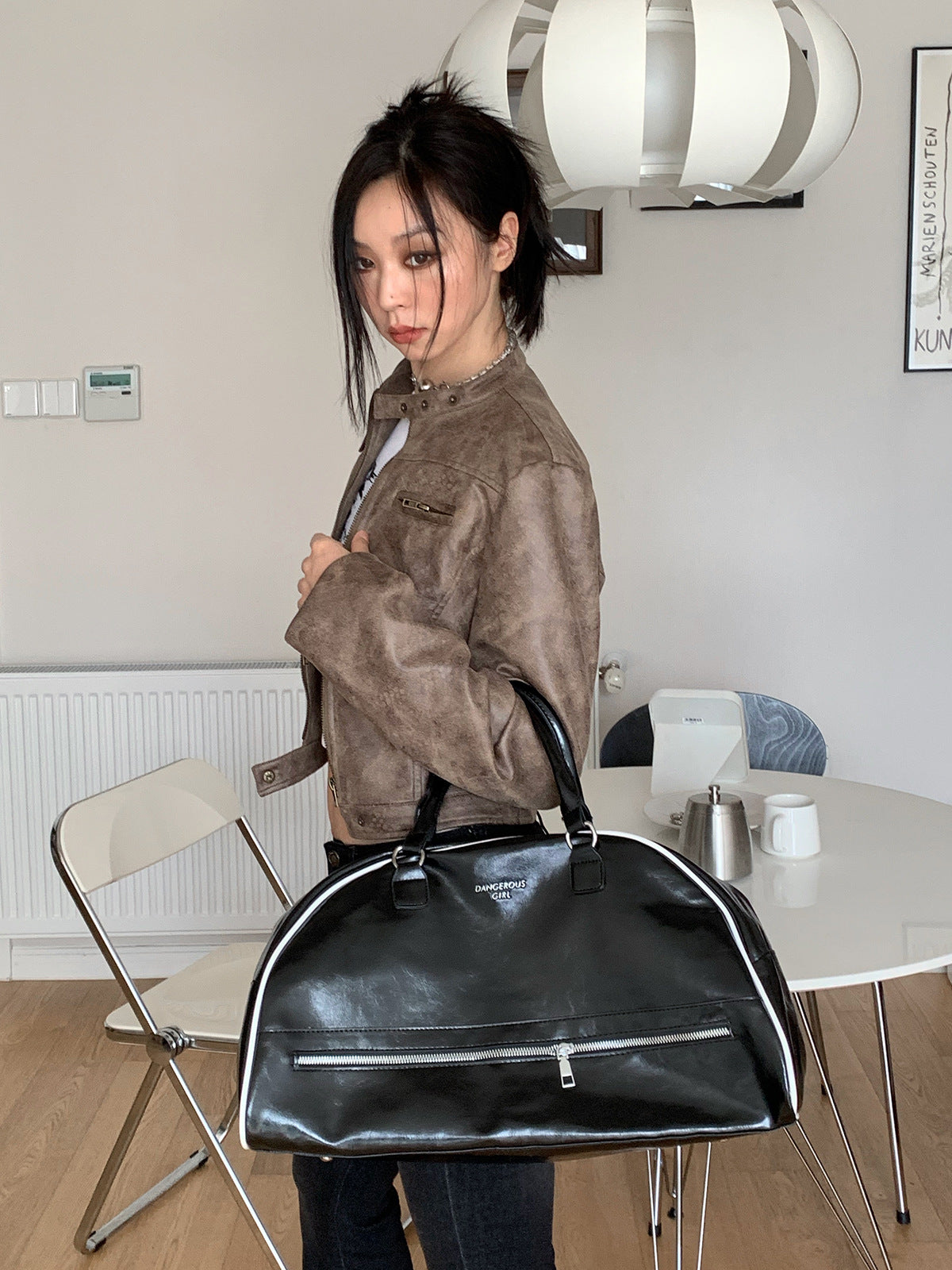 Short brown faux leather biker jacket - view 4