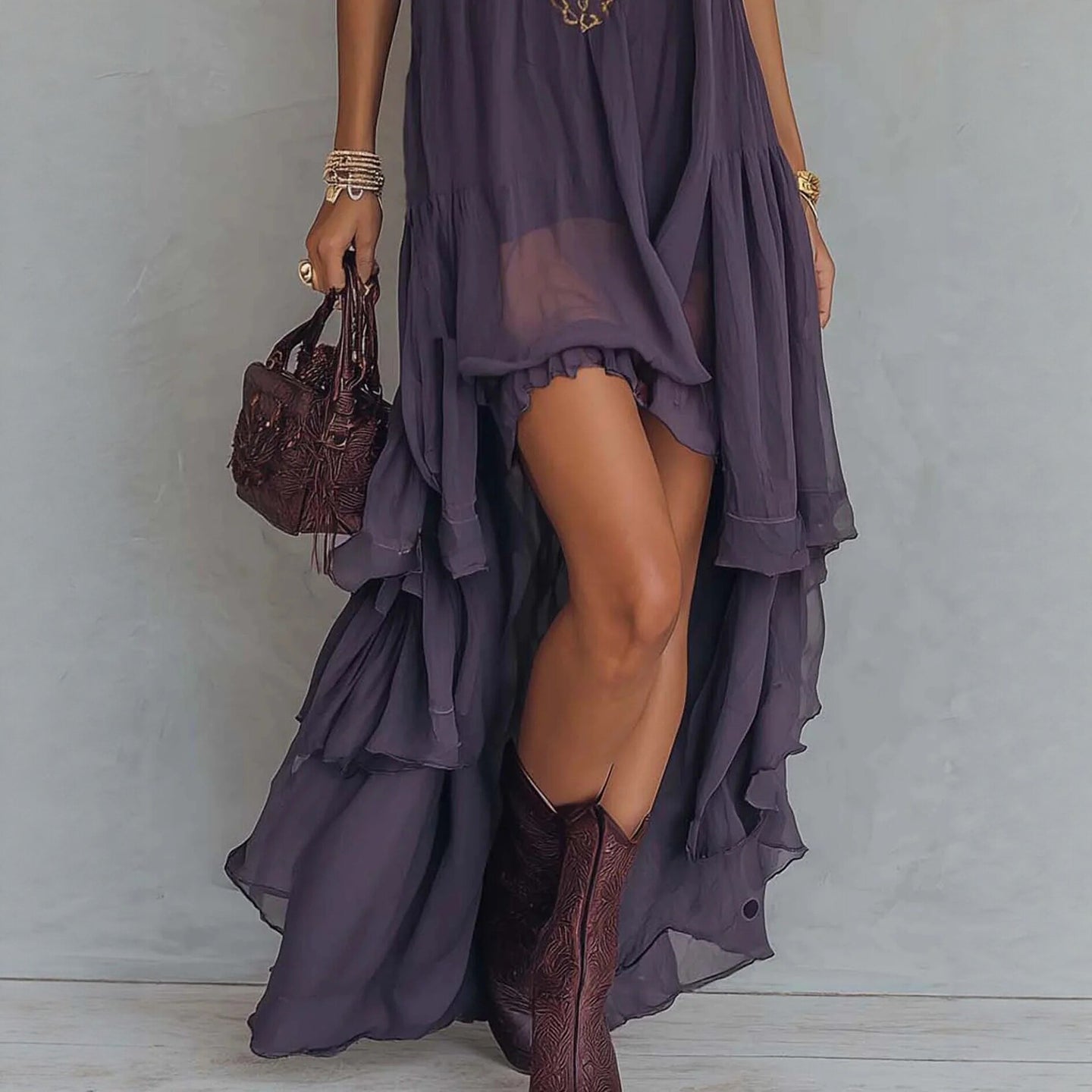 Embroidered High-Neck Ruffle Maxi Dress