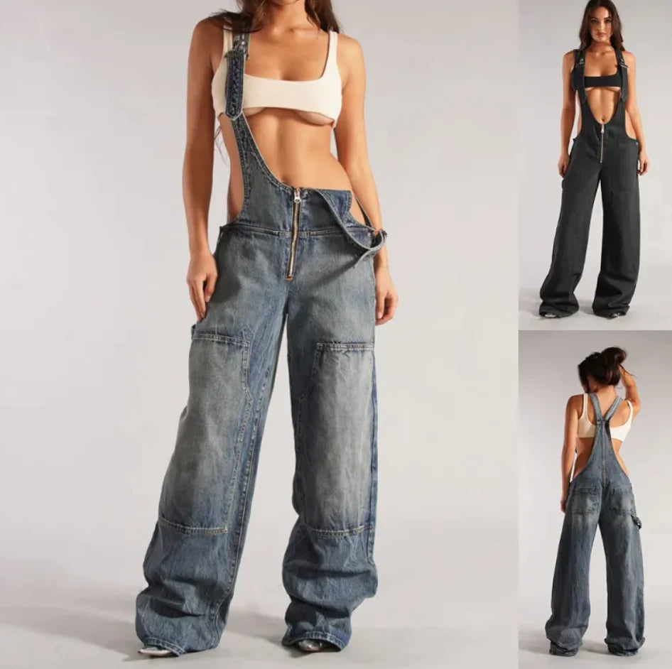 Y2K Zipper Denim Overalls - side view | The BB's Box