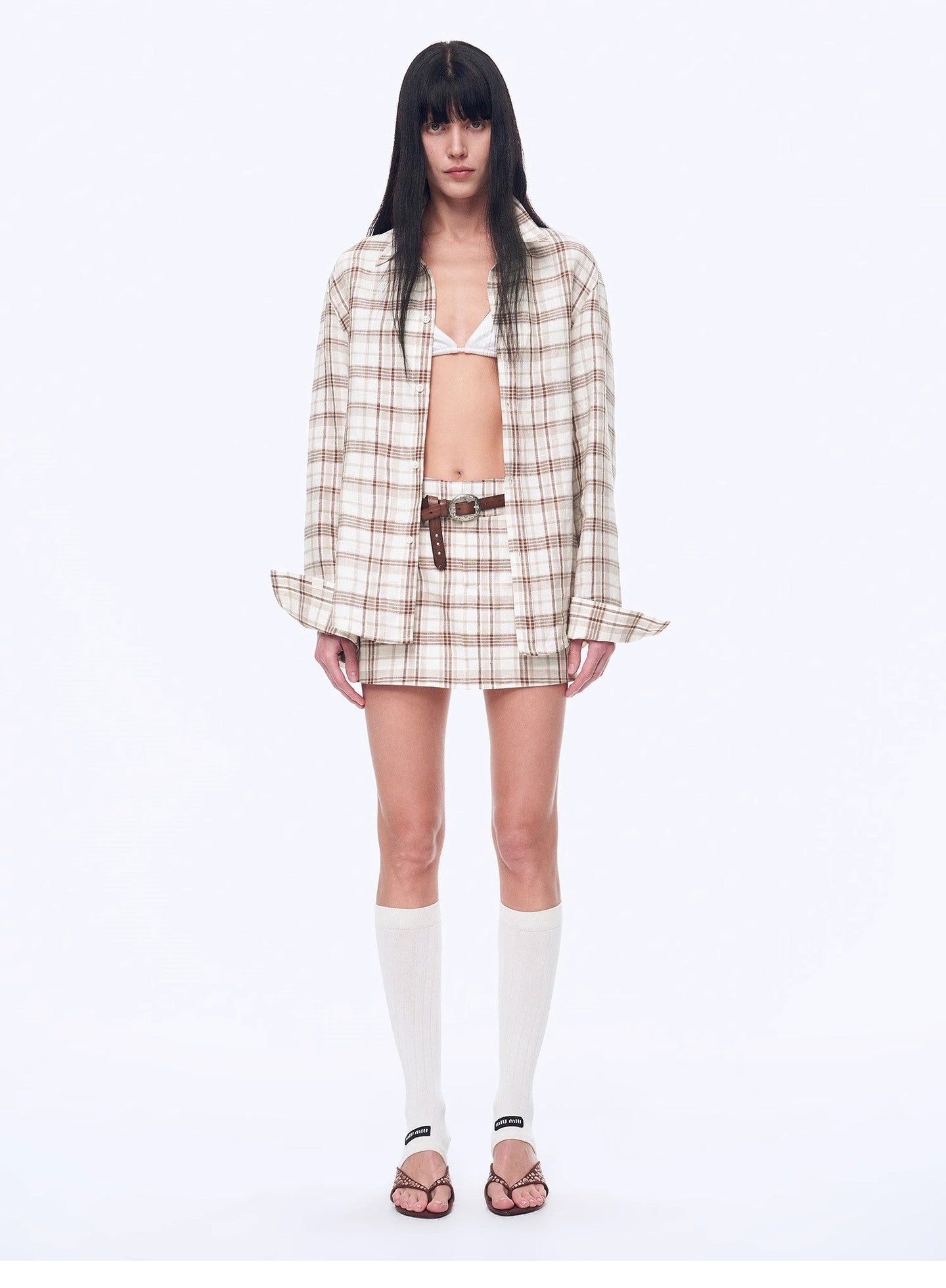 Plaid Sketch Vintage Linen Shirt Skirt Two-Piece Spring - close-up | The BB's Box