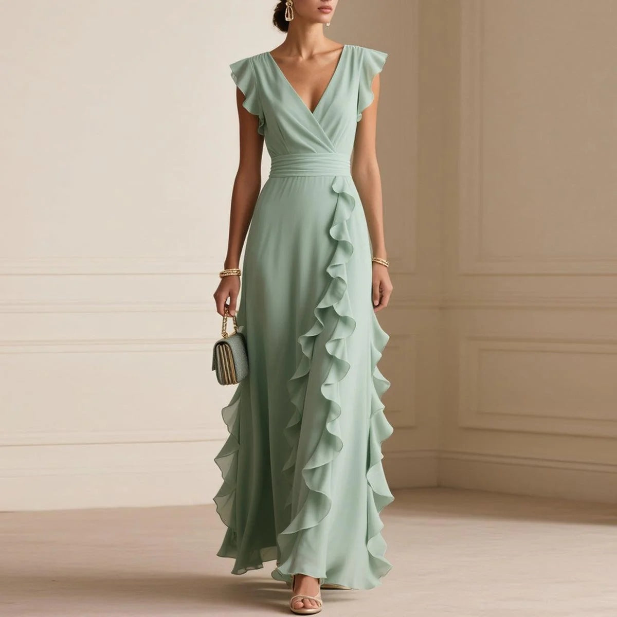 Pleated Short-Sleeve V-Neck Dress