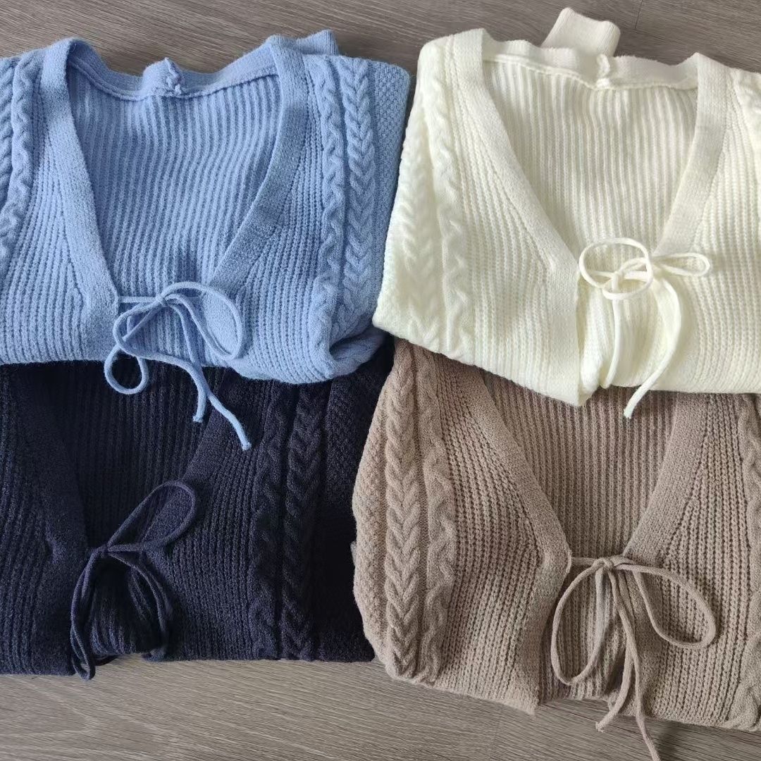 Lace-up V-neck cable knit cardigan - view 2
