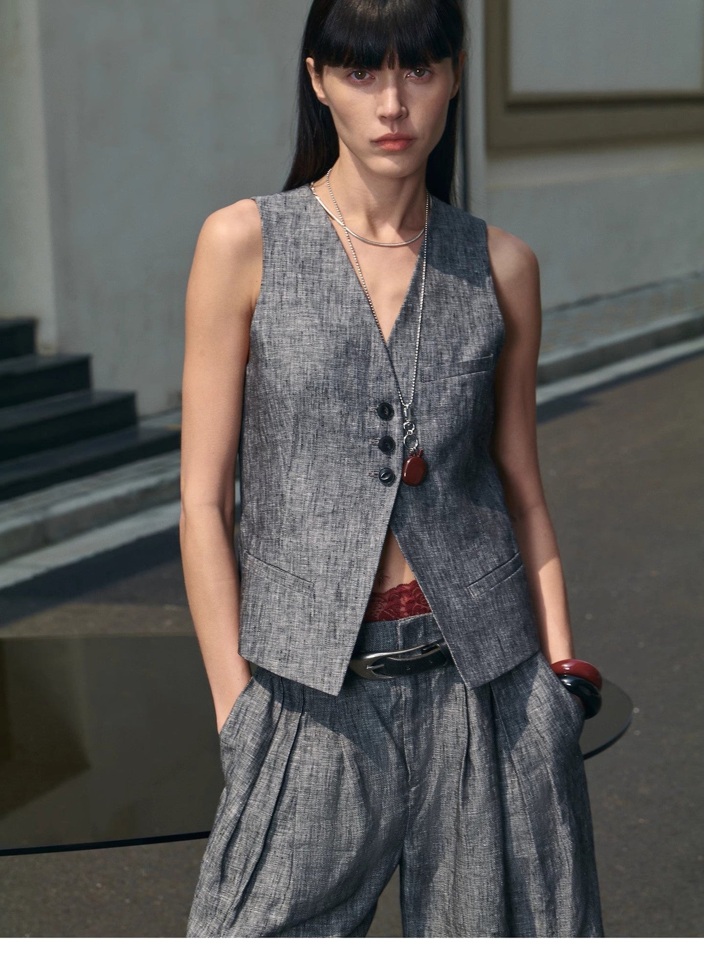 Old Money Space Linen Draped Vest and Straight Trousers Suit - detail view | The BB's Box