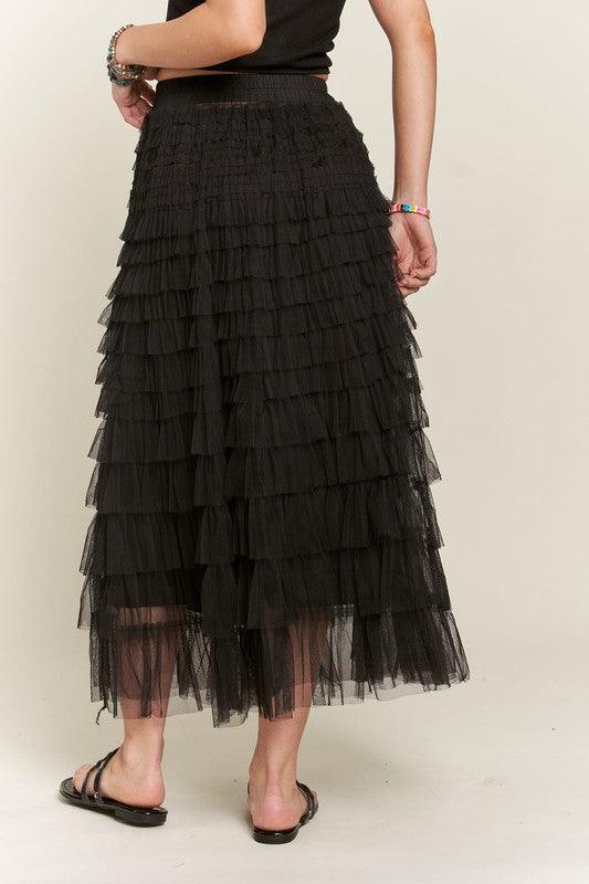 ADORA Elastic Waist Layered Mesh Midi Skirt-2