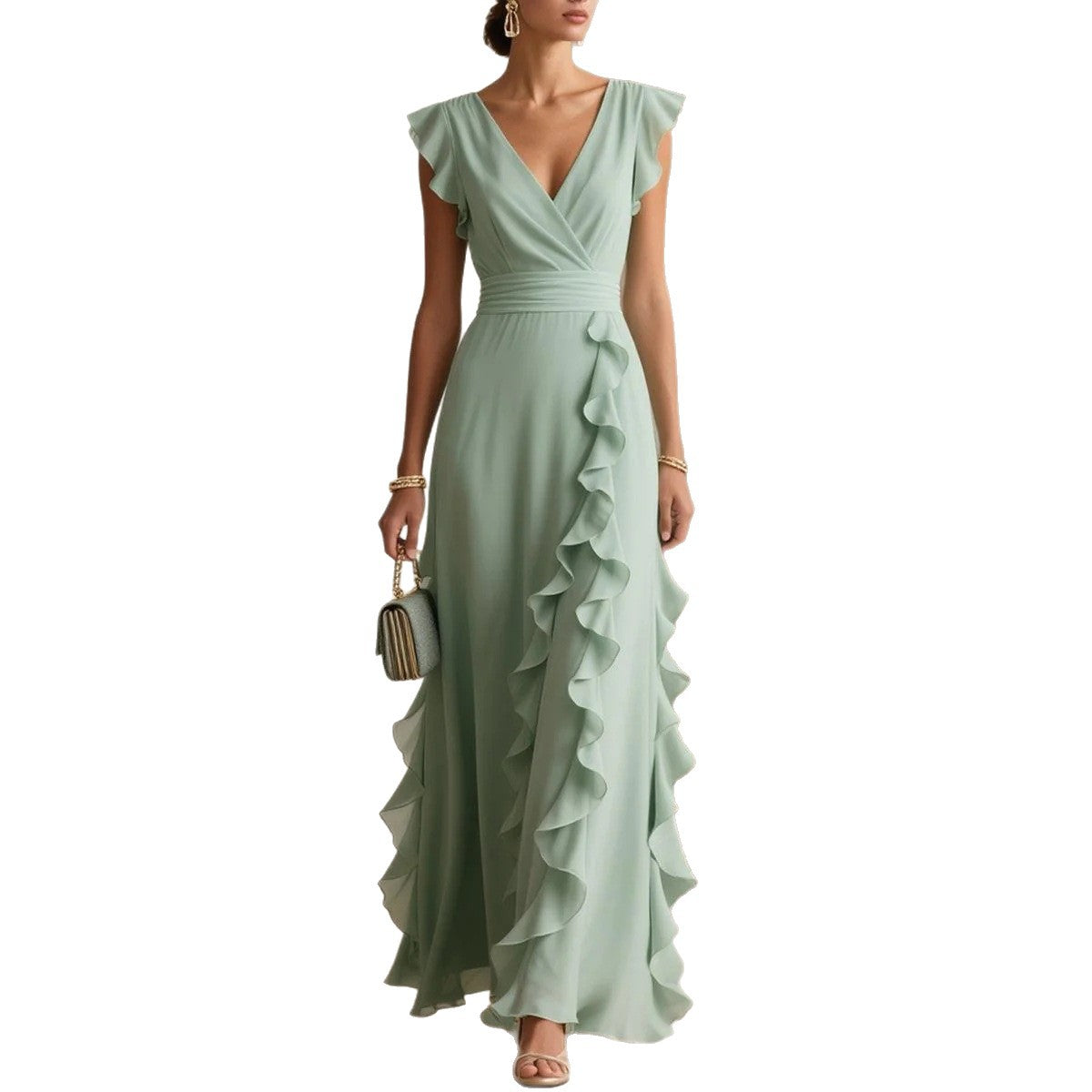 Pleated Short-Sleeve V-Neck Dress