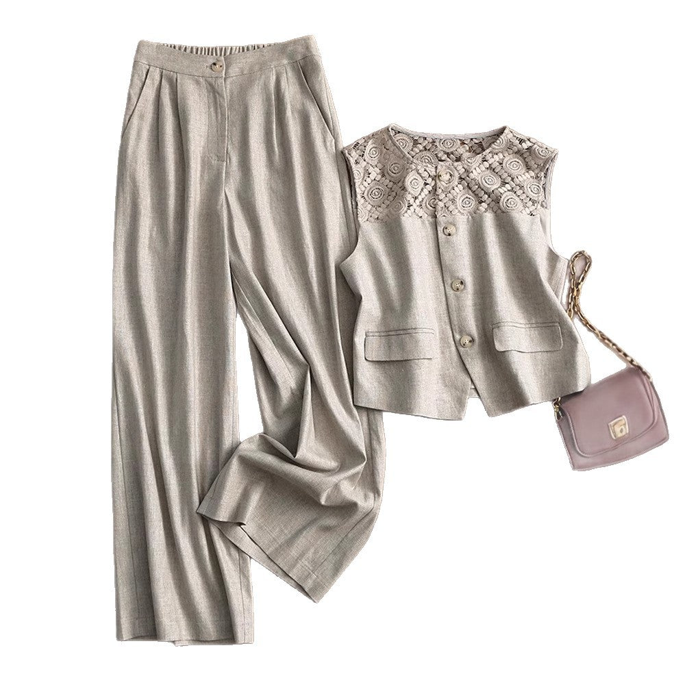 Linen lace vest and wide-leg pants set - view 5
