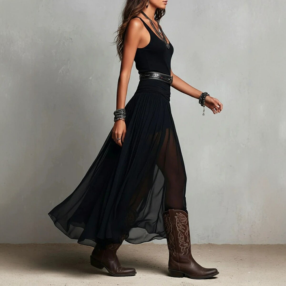 Black Pleated Strap Maxi Dress