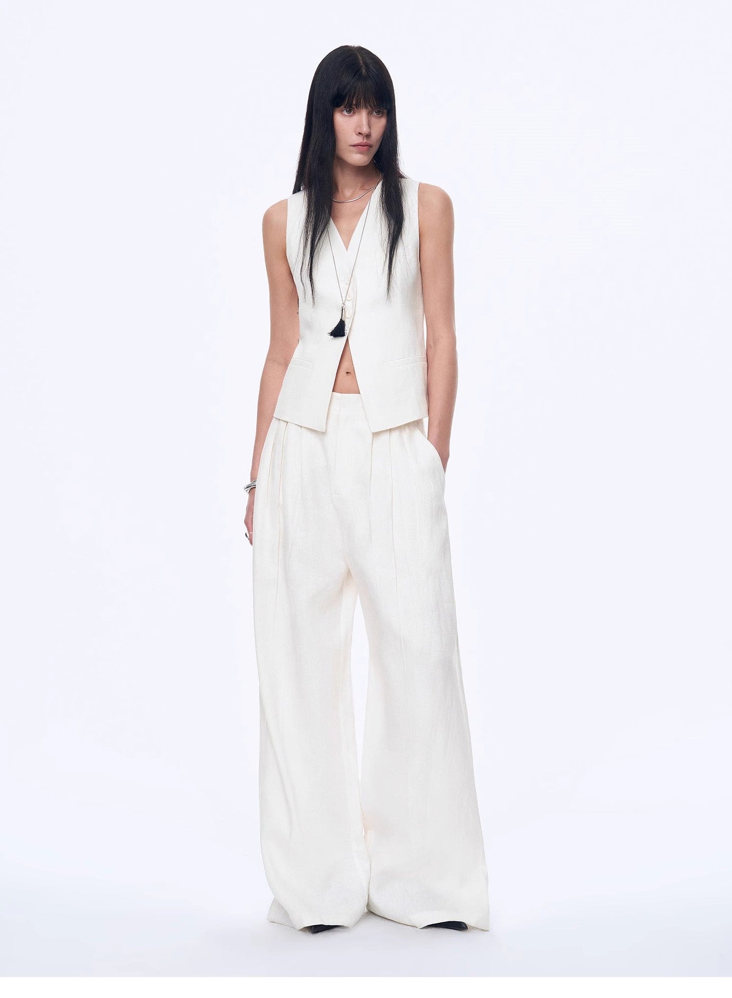 Old Money Space Linen Draped Vest and Straight Trousers Suit - front view | The BB's Box