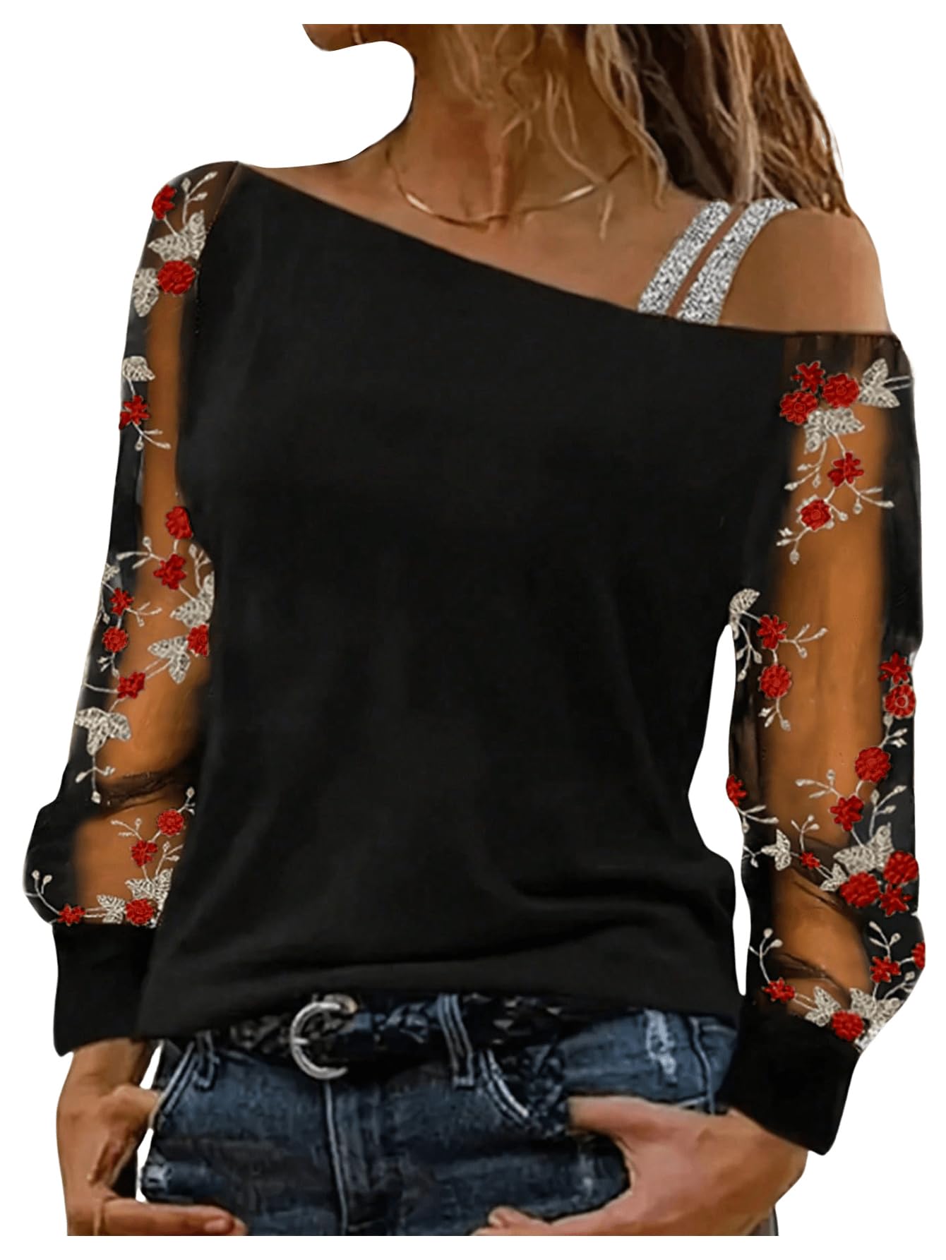 Floral Embroidery Cold-Shoulder Mesh Top — front view | The BB's Box
