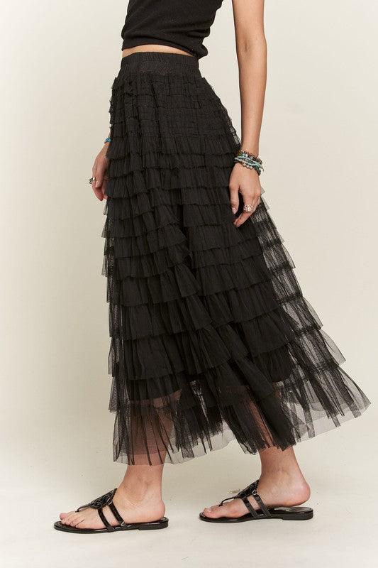 ADORA Elastic Waist Layered Mesh Midi Skirt-1