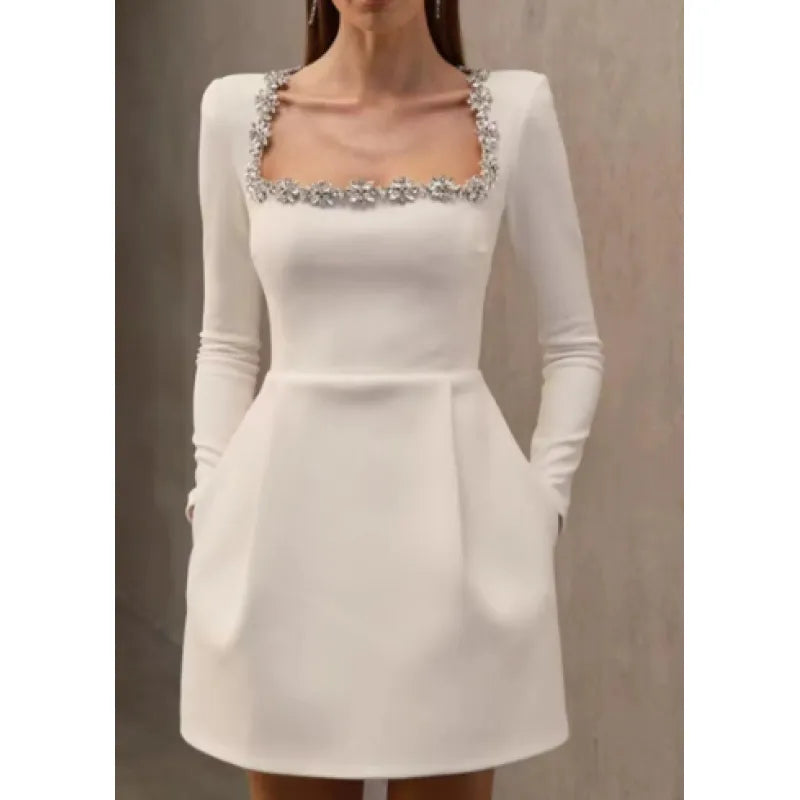 Womens Square Collar Pearl Ruffled Short Dress - front view | The BB's Box