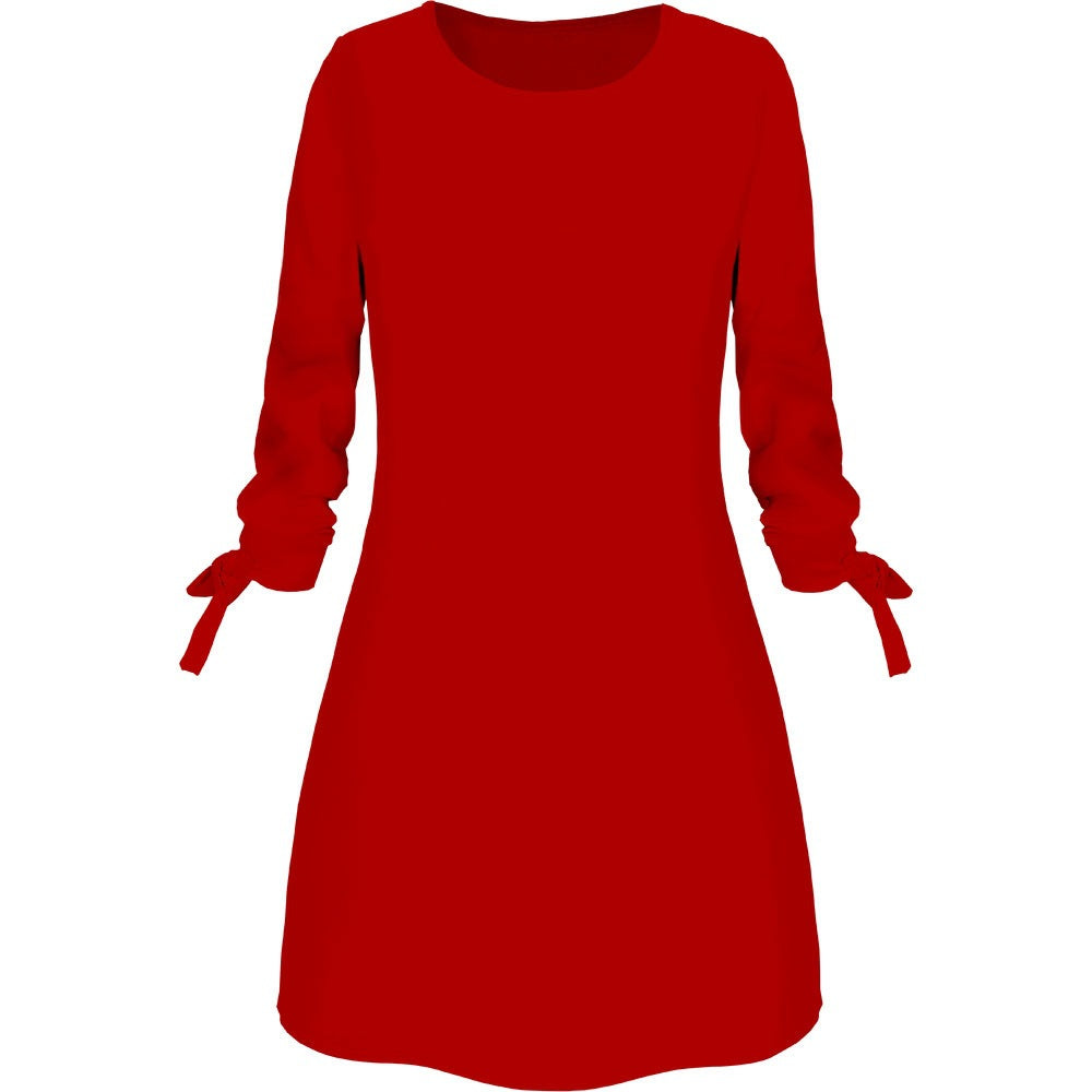 Solid Color Casual Dress with O-Neck and Tie Detail - front view | The BB's Box