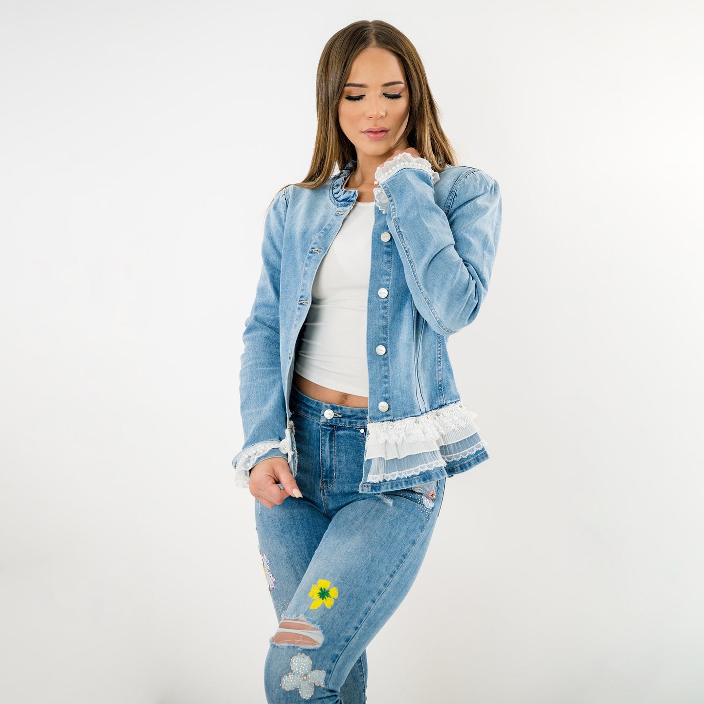 Long Sleeve beaded jacket with Lace peplum - front view | The BB's Box