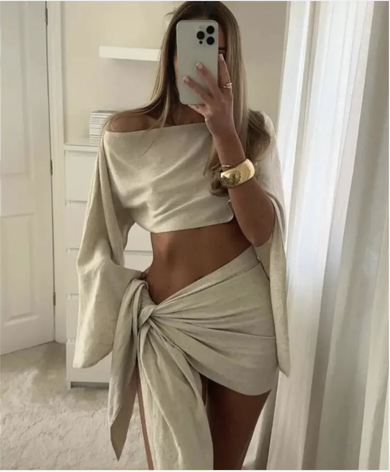 Elegant Duo - Womens Long-Sleeved Top and Strappy Skirt Set - front view | The BB's Box