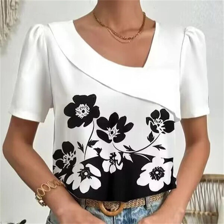 Elegant Woman Shirt Casual Fashion Blouse Short Sleeve Loose Printed Shirt Wom - side view | The BB's Box