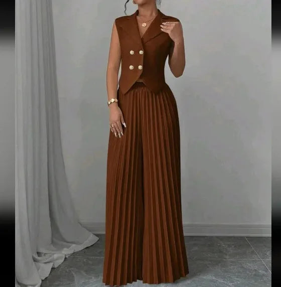 Women Fashion Solid Office Suit Casual Slim Button Two Piece Set Elegant Turn Do - back view | The BB's Box
