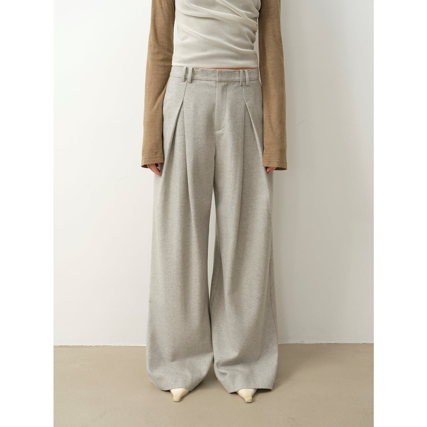 Casual and Relaxed Wool-Blend Double-Pleated Straight Draped Wide-Leg - styling view | The BB's Box