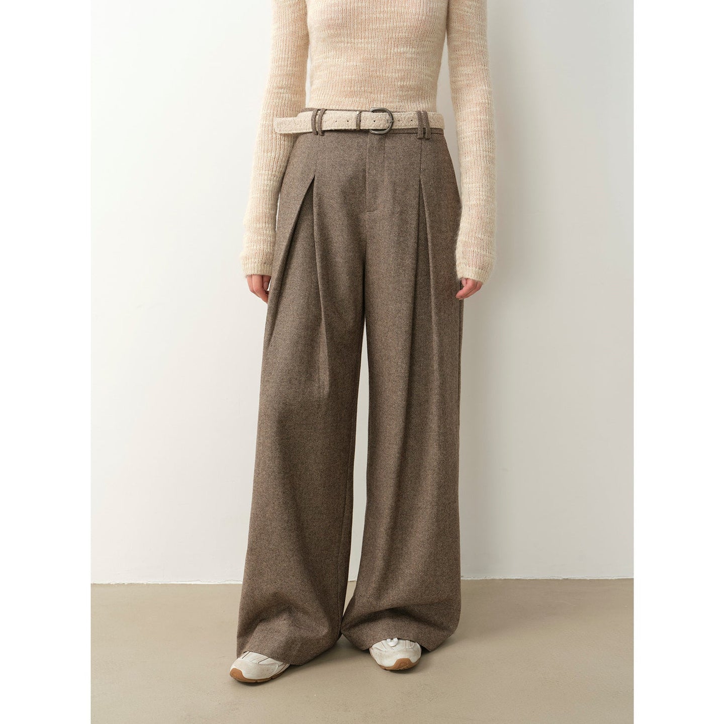 Casual and Relaxed Wool-Blend Double-Pleated Straight Draped Wide-Leg - close-up | The BB's Box