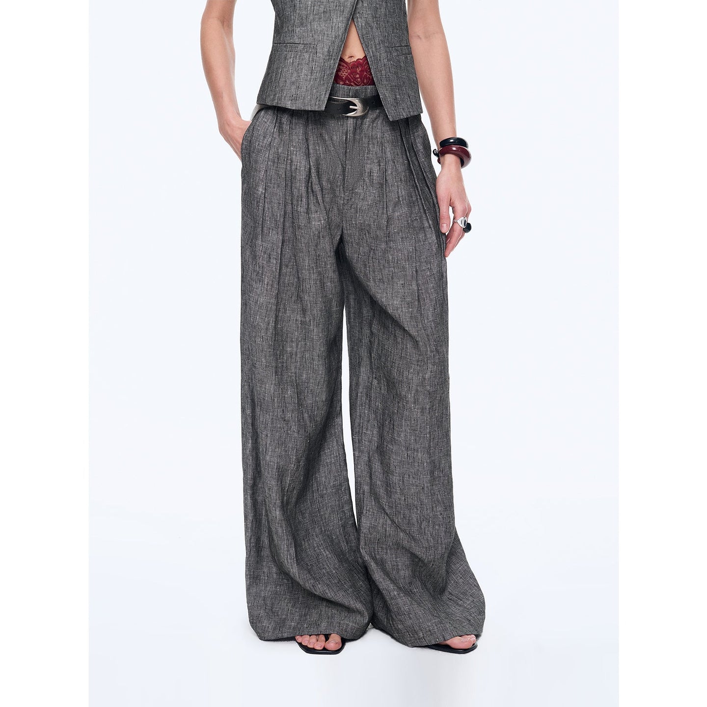 Old Money Space Linen Draped Vest and Straight Trousers Suit - close-up | The BB's Box