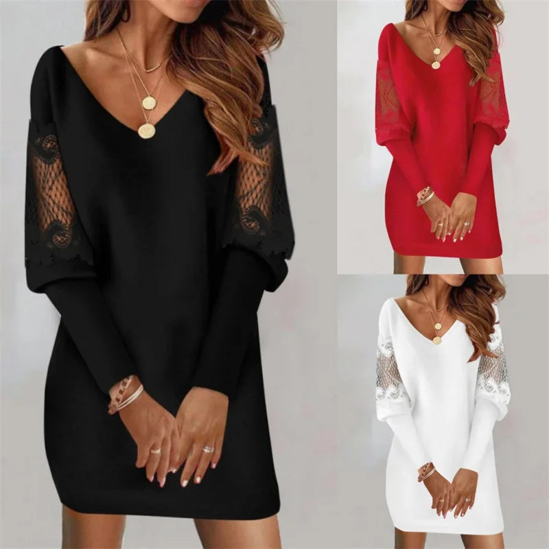 2024 Fashion Sexy V-Neck Mini Dress Vestidos Elegant Womens Autumn Winter Casual - back view | The BB's Box