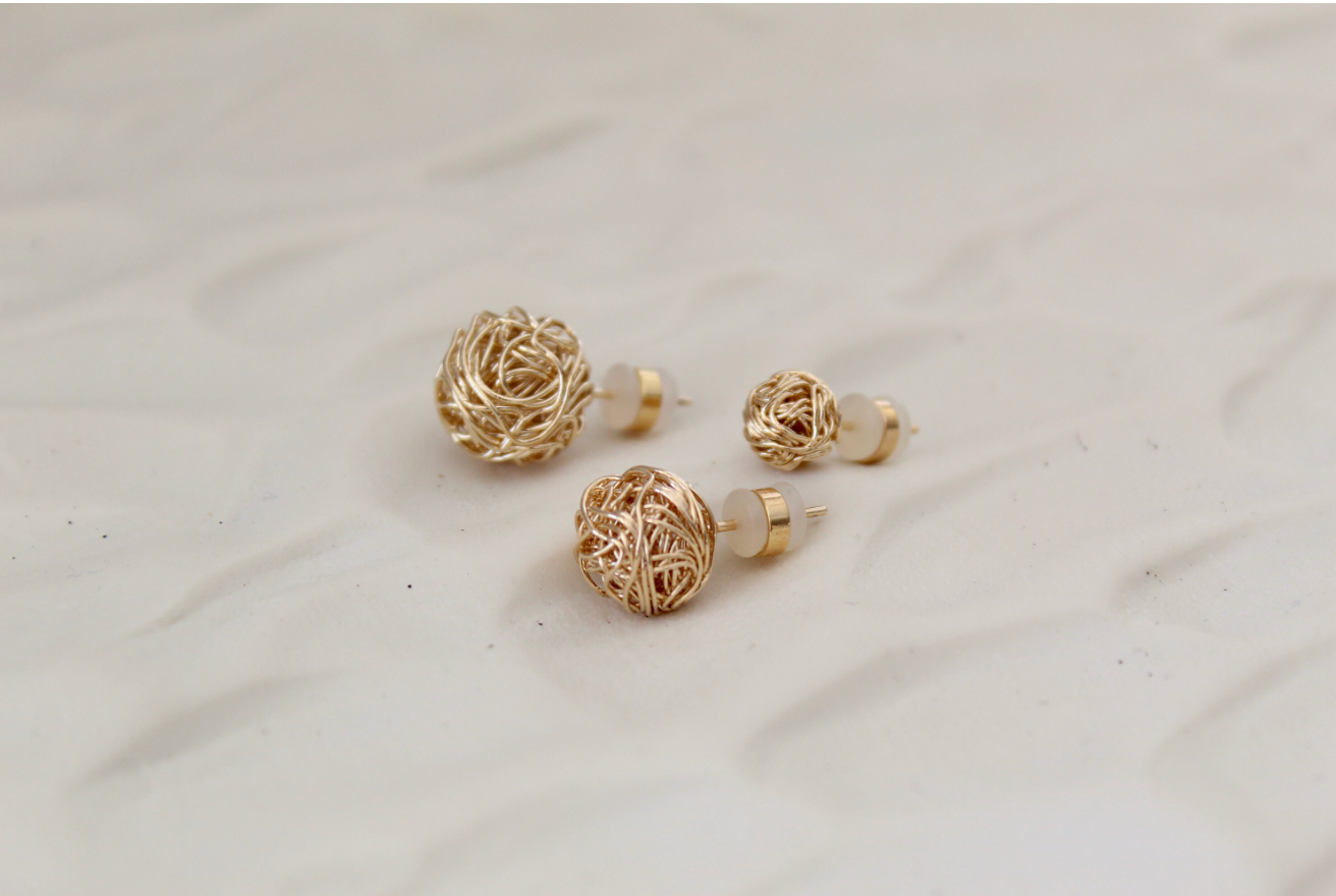 Wired Ball Gold Knot Stud Dainty Earrings - detail view | The BB's Box