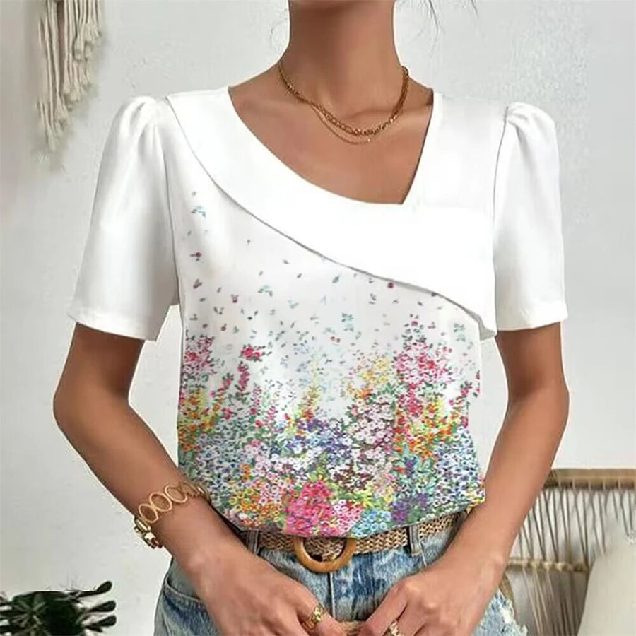 Elegant Woman Shirt Casual Fashion Blouse Short Sleeve Loose Printed Shirt Wom - back view | The BB's Box