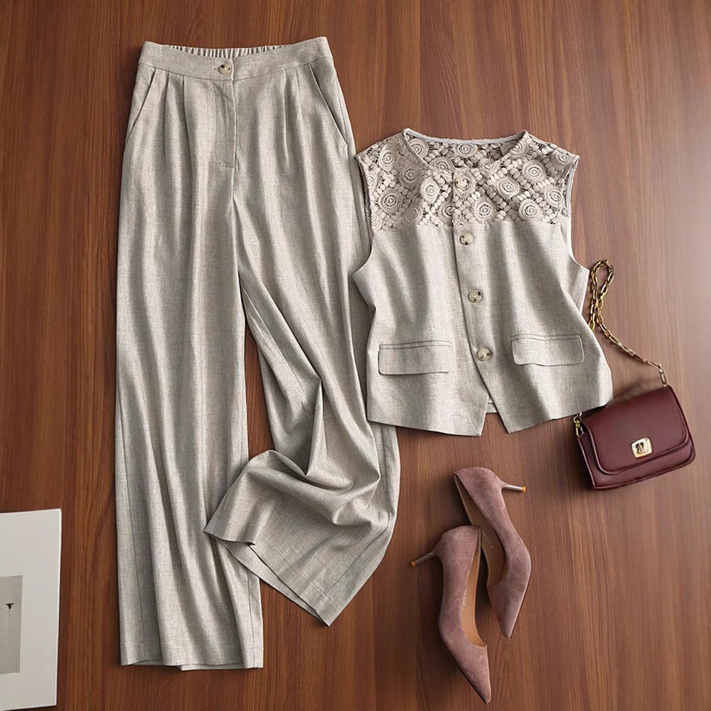 Linen lace vest and wide-leg pants set - view 1