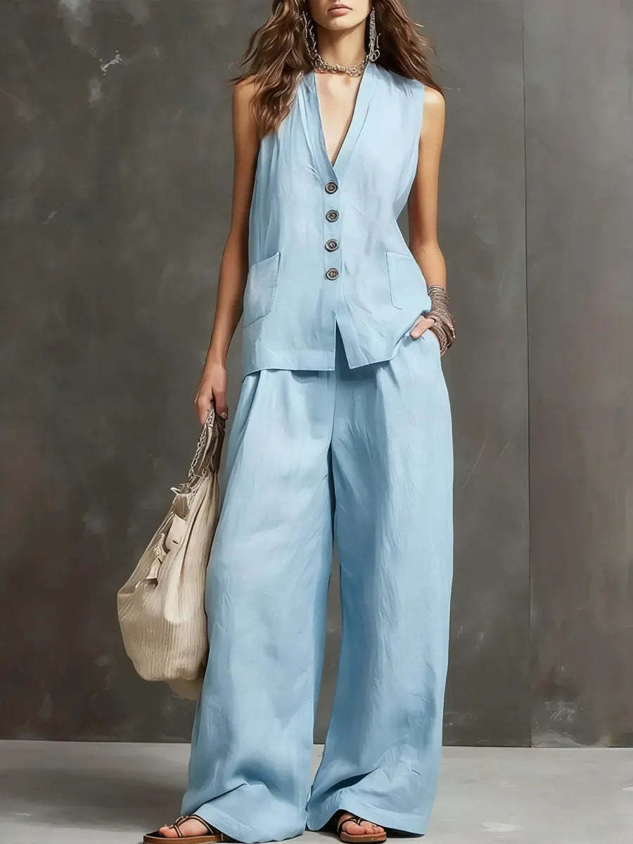 Cotton linen vest and wide-leg pants set - view 5
