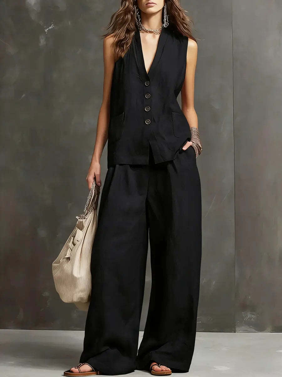 Cotton linen vest and wide-leg pants set - view 4