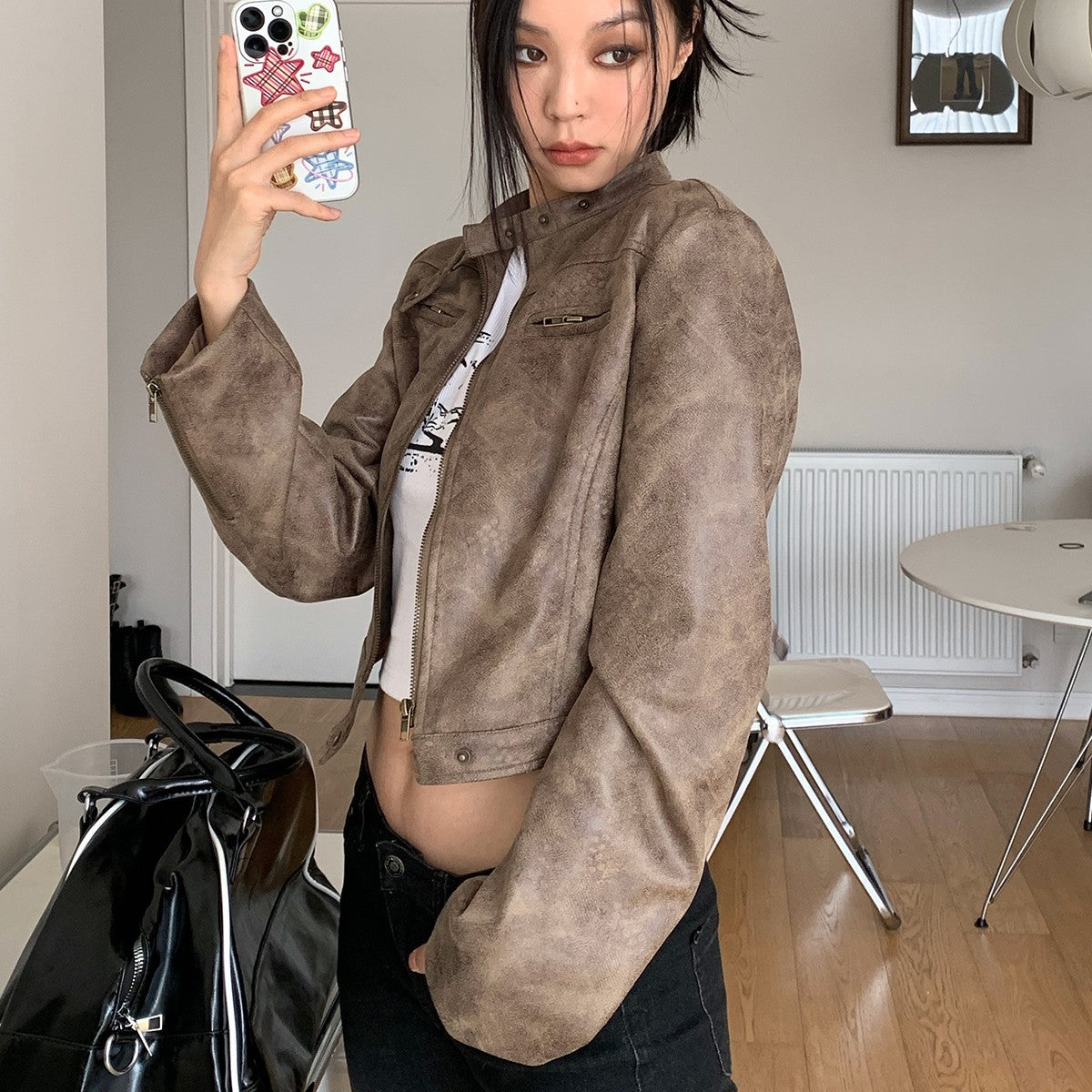 Short brown faux leather biker jacket - view 1