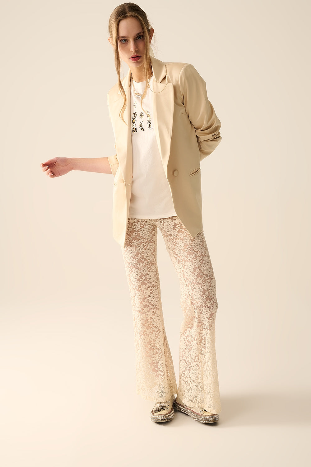 Cream Flare Pants in Floral Lace - back view | The BB's Box