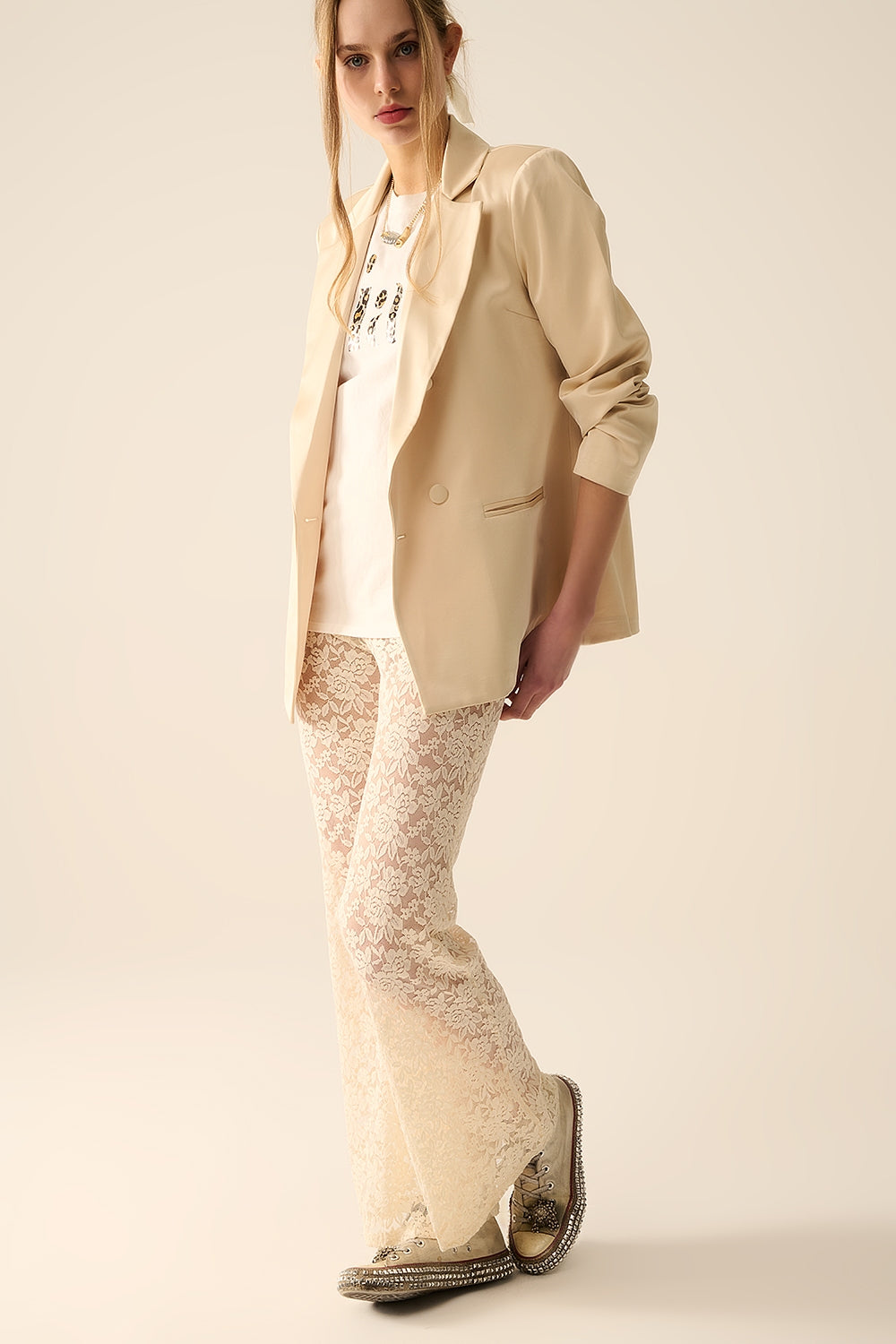 Cream Flare Pants in Floral Lace - side view | The BB's Box