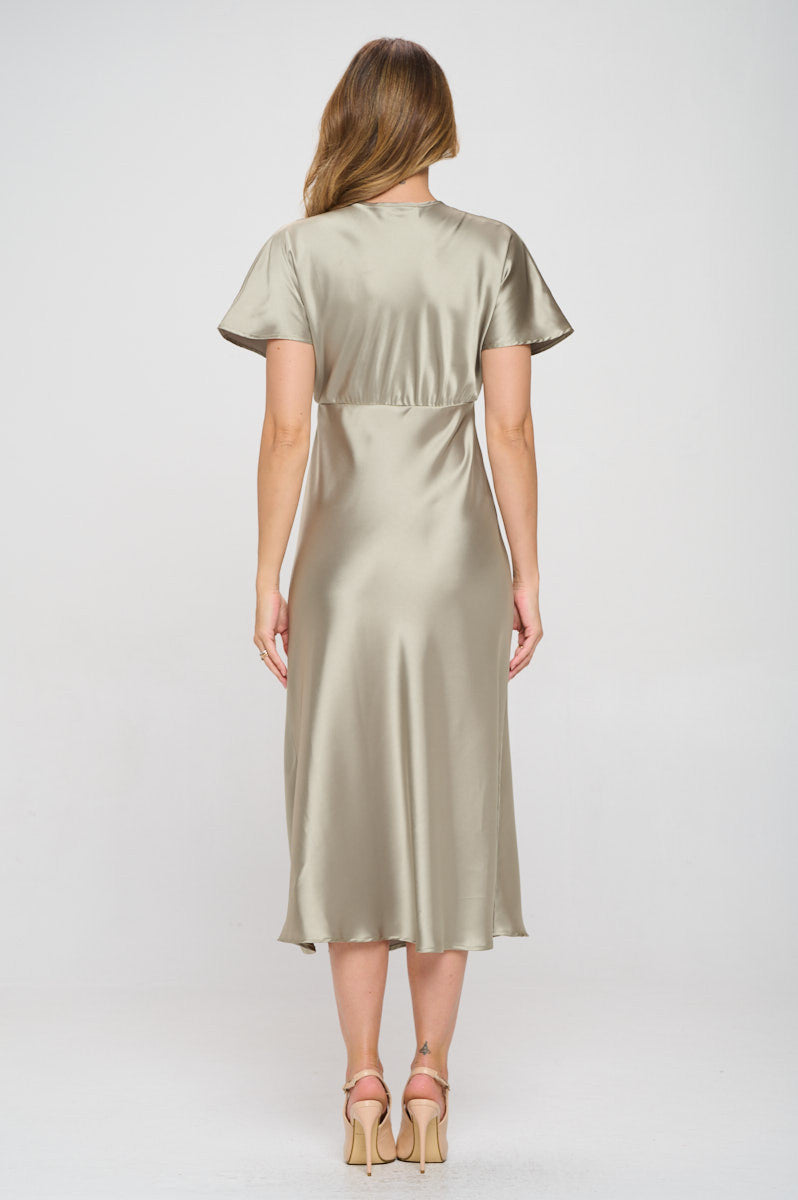 Solid Satin V neck Midi Dress with Slit-4