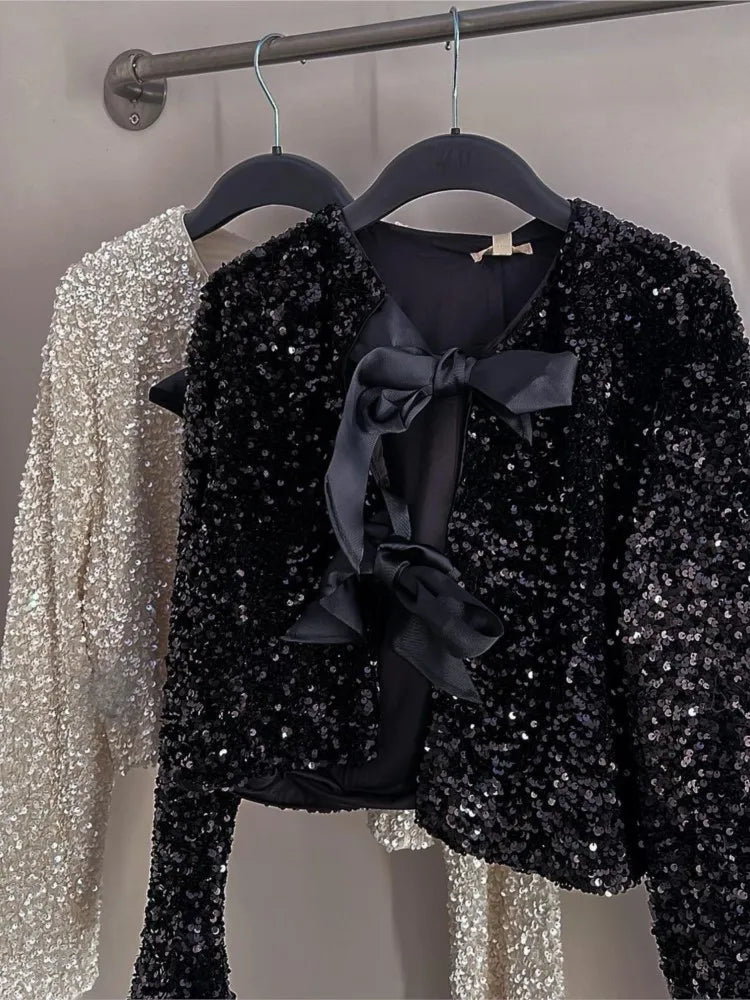 Chic Short Sequin Jacket With Bow - close-up | The BB's Box