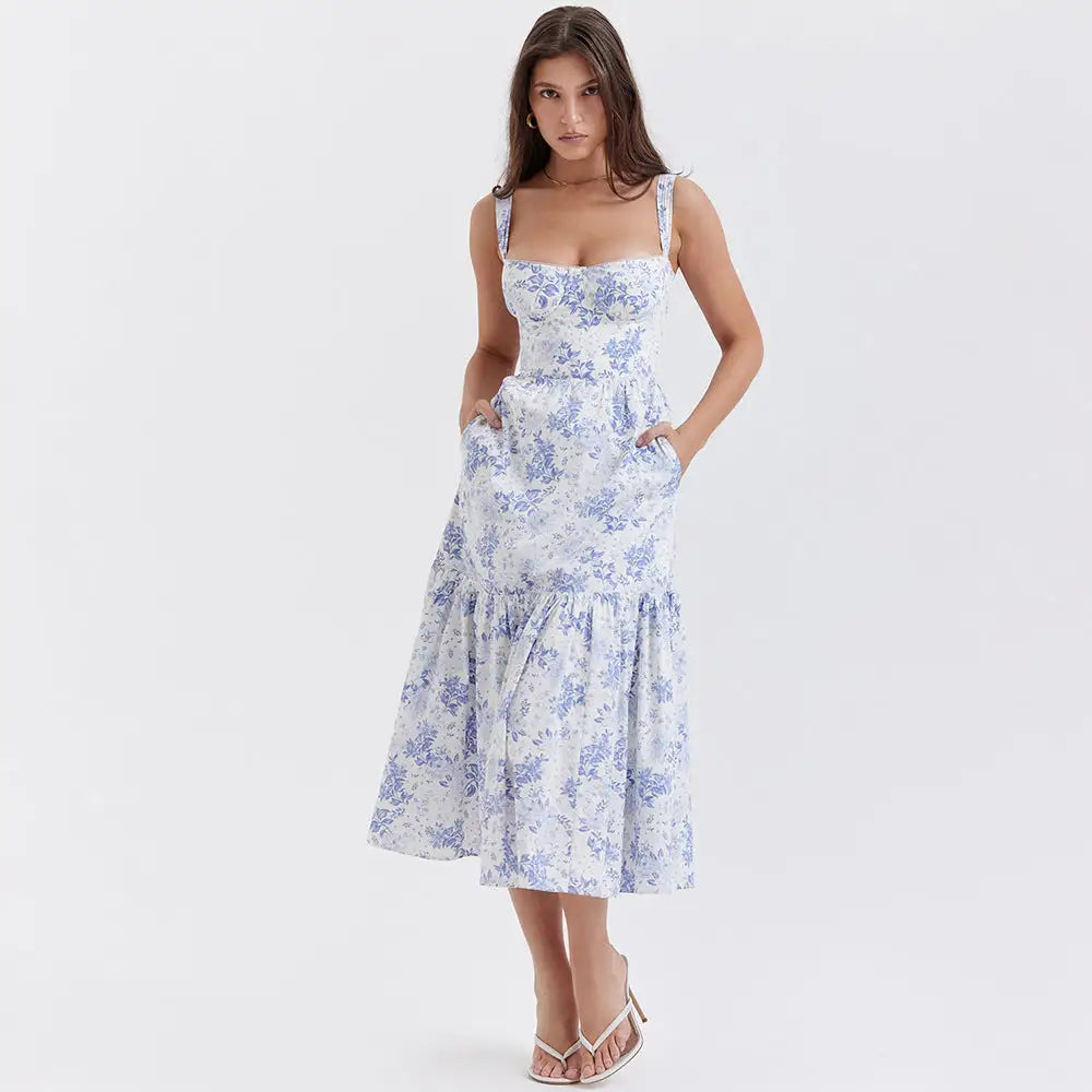 Blue floral midi sundress with corset bodice — The Edit | The BB's Box
