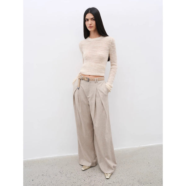 Casual and Relaxed Wool-Blend Double-Pleated Straight Draped Wide-Leg - front view | The BB's Box