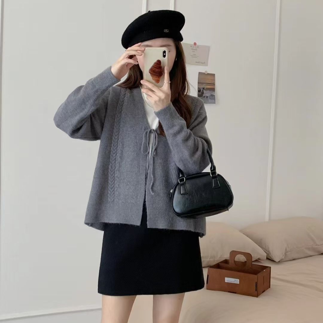 Lace-up V-neck cable knit cardigan - view 3