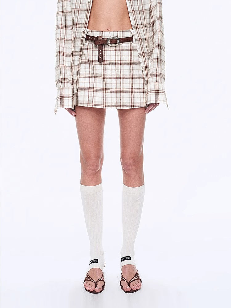 Plaid Sketch Vintage Linen Shirt Skirt Two-Piece Spring - front view | The BB's Box