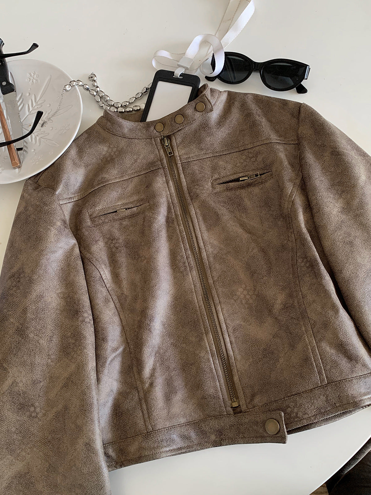Short brown faux leather biker jacket - view 2