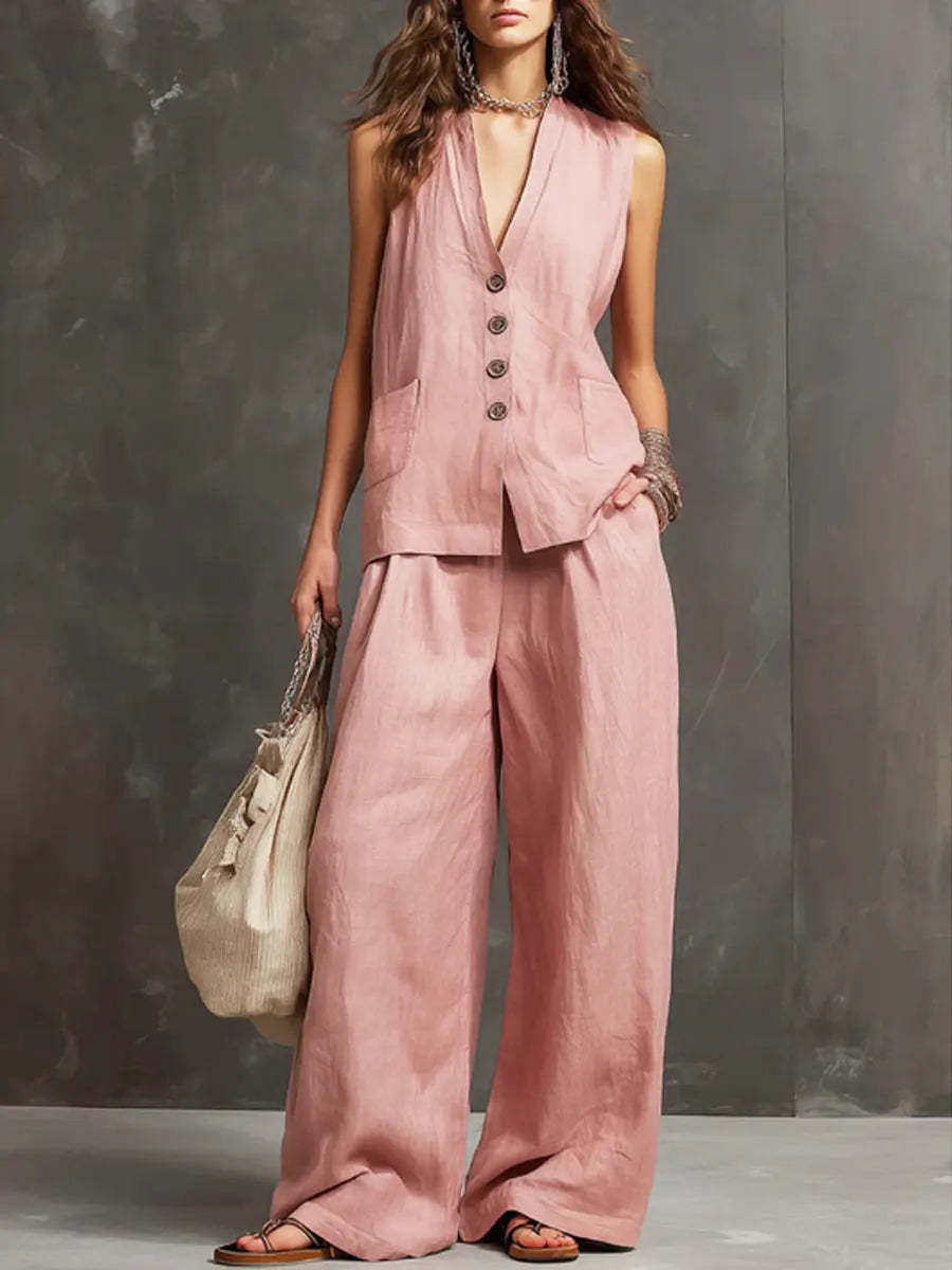 Cotton linen vest and wide-leg pants set - view 3