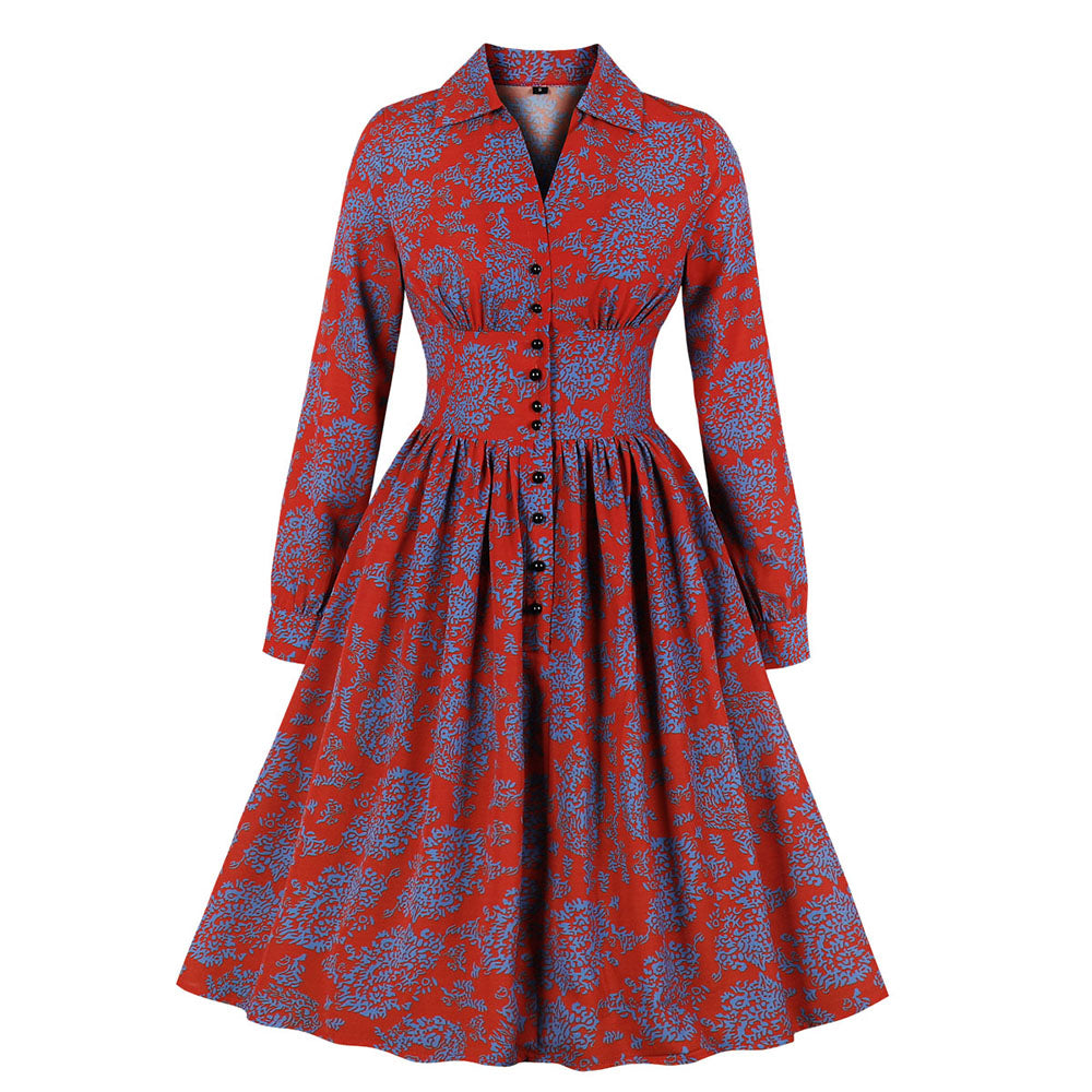 Elegant Floral A-Line Dress Office Ladies Lapel High Waist — The BB's Box New In
