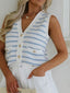 Cotton Blue Striped V Neck Button Knit Vest