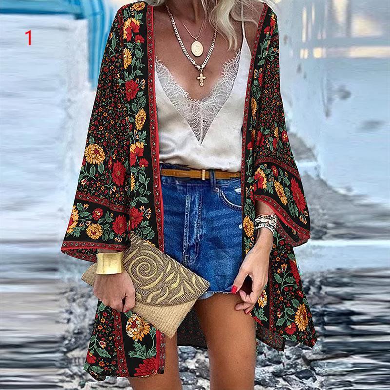 Boho Printed Batwing Sleeve Kimono print 1