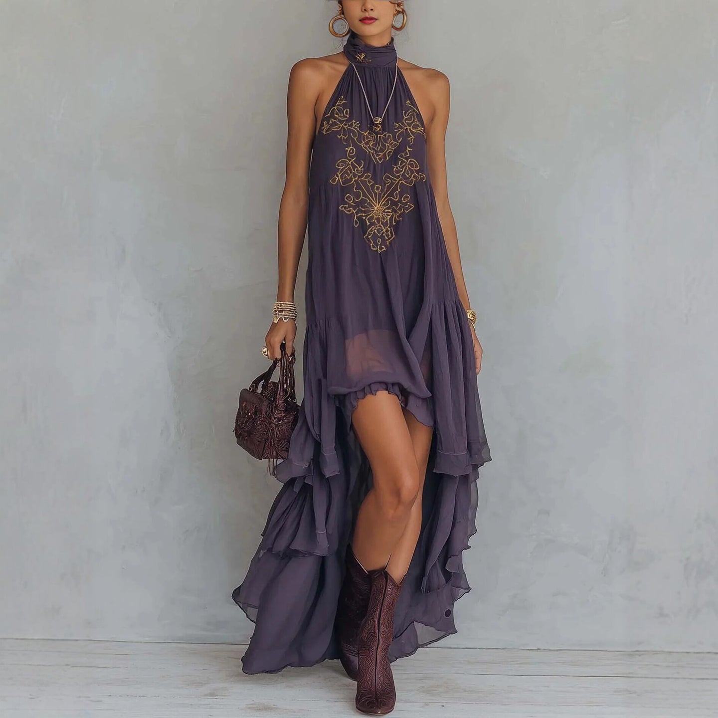 Embroidered High-Neck Ruffle Maxi Dress