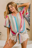 BiBi Multi Stripe Woven V Neck Top with Long Front Tie in Pink