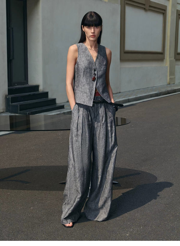 Old Money Space Linen Draped Vest and Straight Trousers Suit - front view | The BB's Box